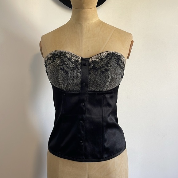 Y2K Lace Bustier Top Medium Black Button Satin Corset Boning CottonExpress - Picture 10 of 14